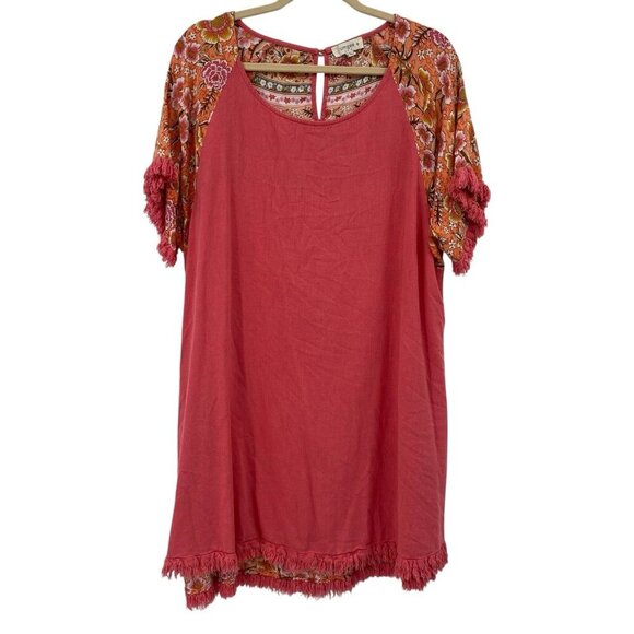 Umgee Plus Size XL Coral Frayed Sleeves Floral Back Boho Tunic Dress Rayon - Picture 1 of 10